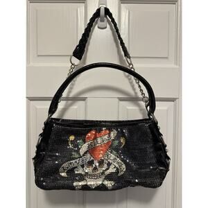 Ed Hardy Sequin Skull Heart Shoulder Bag Y2K Christian Audigier Black Purse